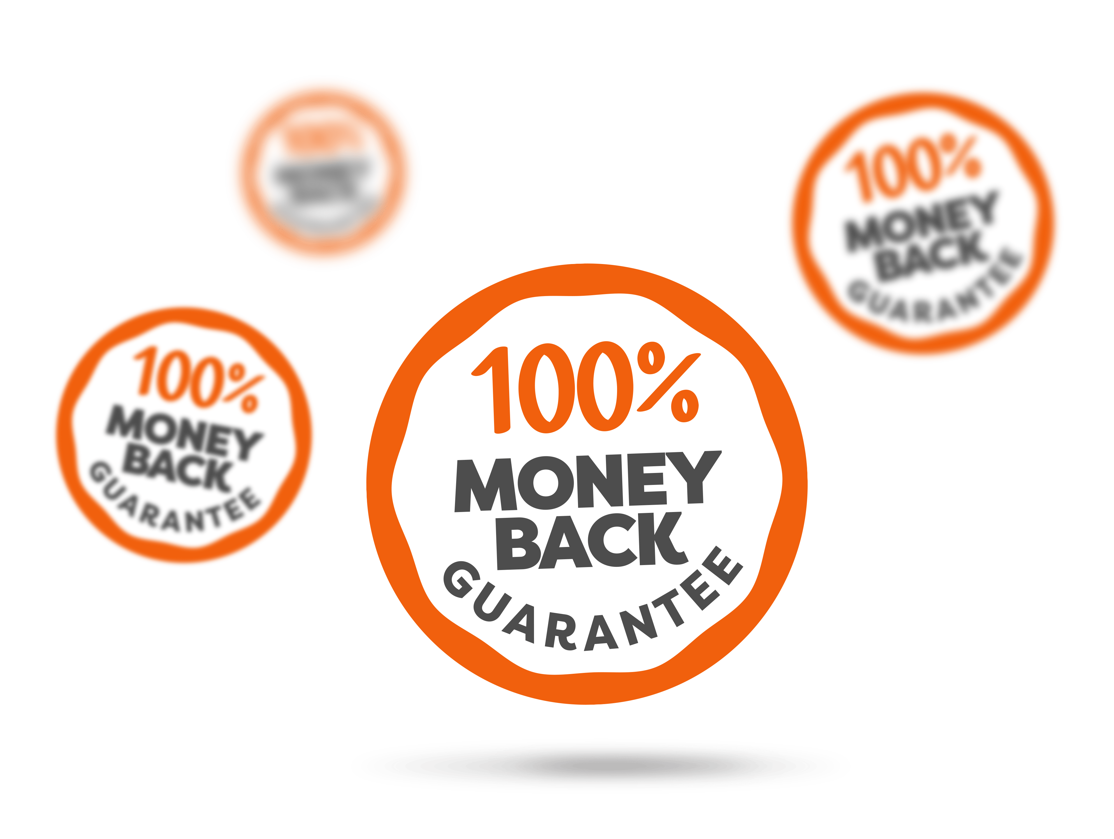 Multiple '100% Money Back Guarantee' logos on a white background