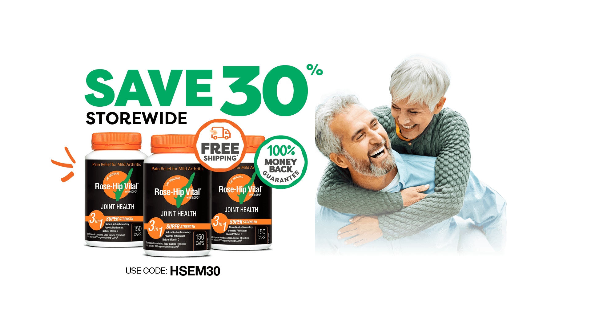 Promotional image with supplement bottles of rose-hip vital, a couple embracing, and text about saving 30% and free shipping.