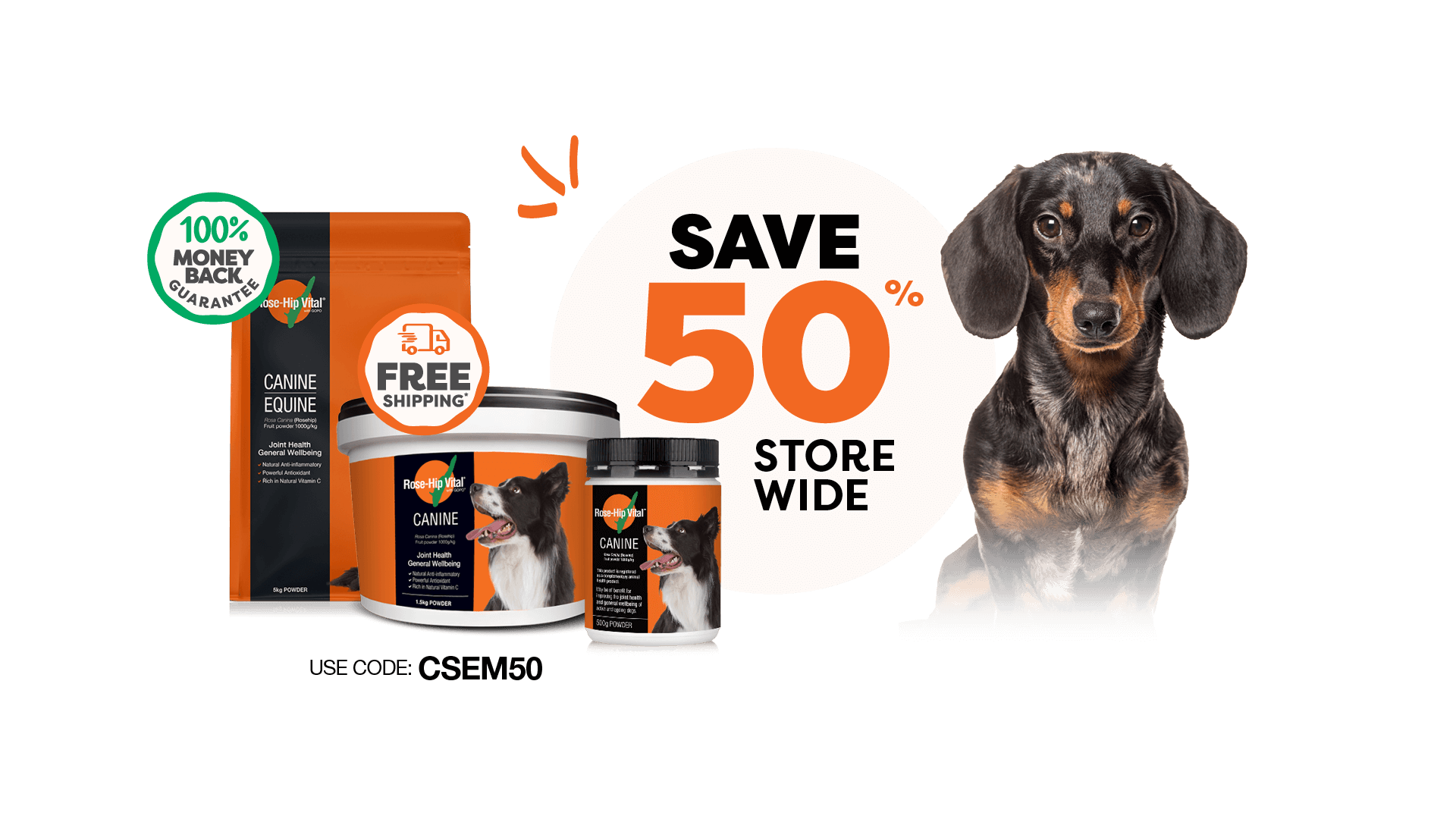 Rose-Hip Vital Canine products with a promotional banner on a black background