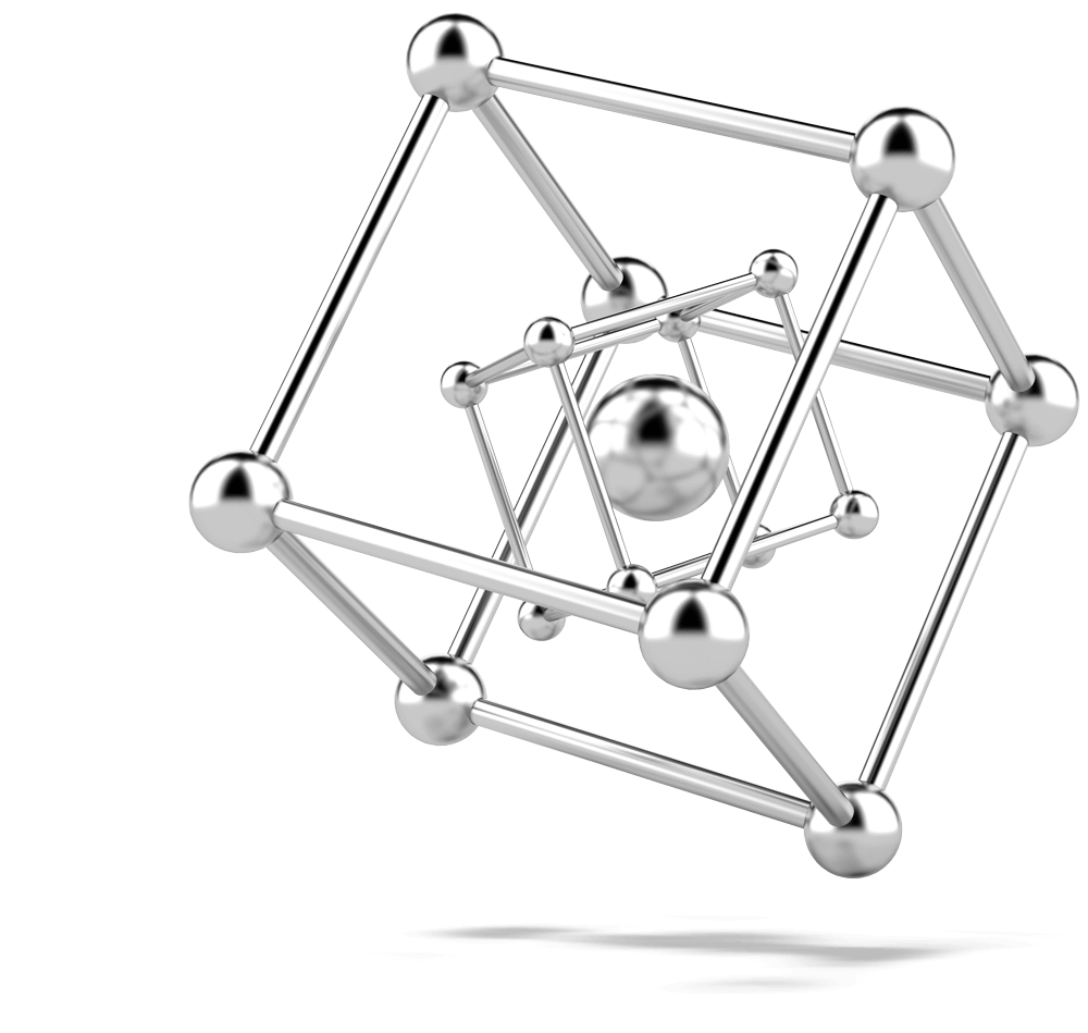 Geometric metal structure with interconnected spheres on a black background