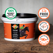 Bucket of Rose-Hip Vital Equine supplement with promotional icons on a wooden surface