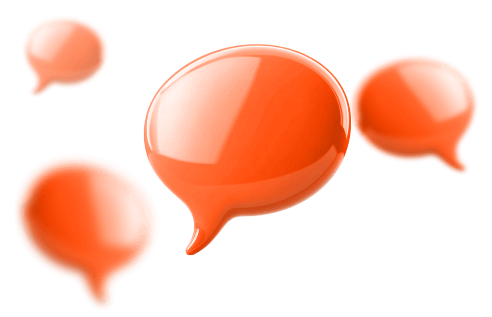 Four orange speech bubbles on a black background