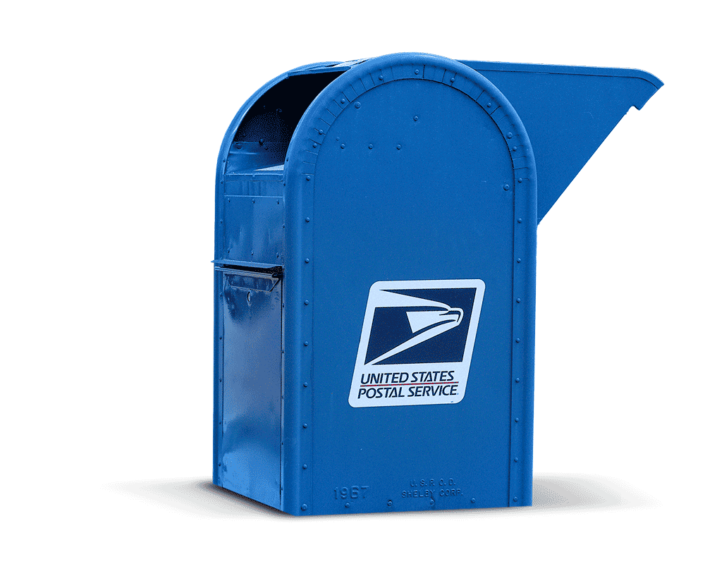 Blue mailbox with United States Postal Service logo on a white background
