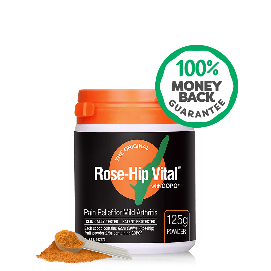 Rose-Hip Vital supplement container with a money-back guarantee badge on a white background