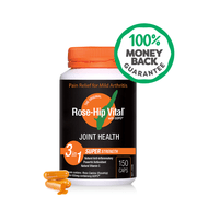 Rose-Hip Vital joint health supplement bottle with orange capsules on a white background