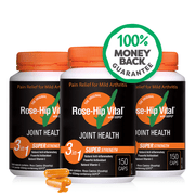 Three bottles of Rose-Hip Vital joint health supplement with a money-back guarantee badge on a white background.