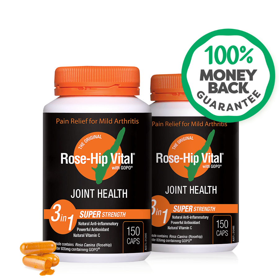 Two bottles of Rose-Hip Vital Joint Health supplements with a money-back guarantee badge on a white background.