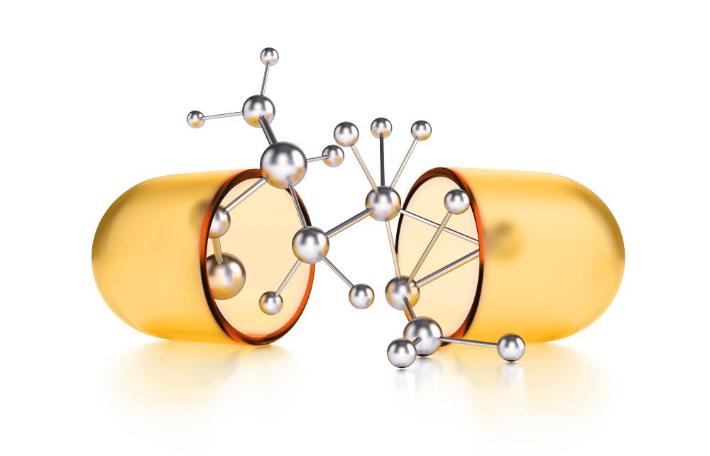 Gold and silver molecular structure model on a reflective surface with a black background