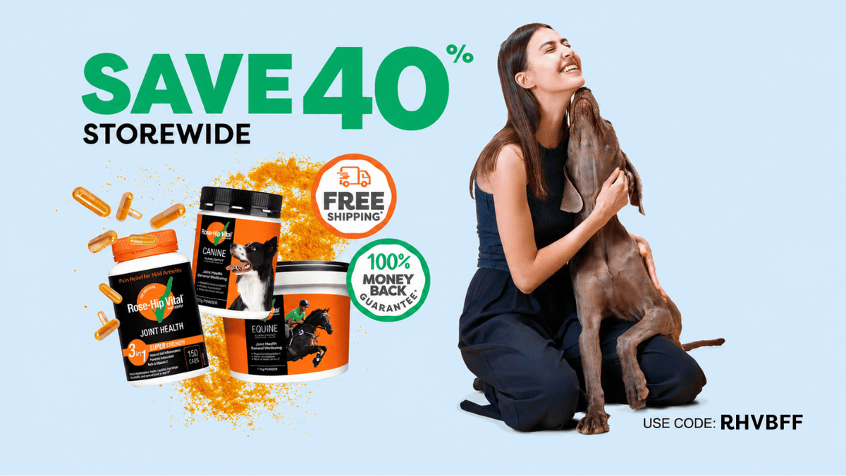 Promotional banner for Equine Solutions joint health products, featuring a woman kneeling on a light blue background while holding a brown dog. On the left, three supplement containers (joint health and supplement tubs) are displayed with orange and black packaging, accompanied by sale text 'SAVE 40% STOREWIDE', shipping badge, and use code RHWBFF.