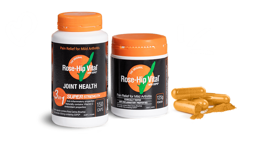Two bottles of Rose-Hip Vital Joint Health supplements with a heart symbol.