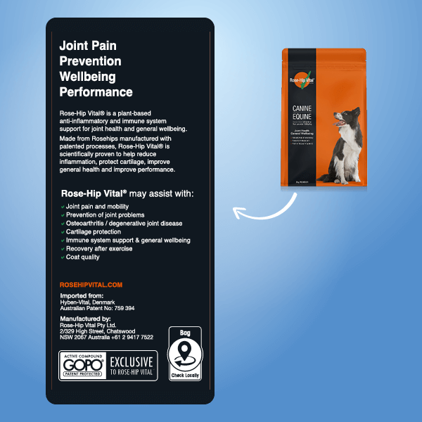 Rose-Hip Vital product packaging with text on a blue background