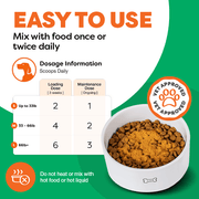 Rose-Hip Vital Canine dosage information and vet approval logo on a green background