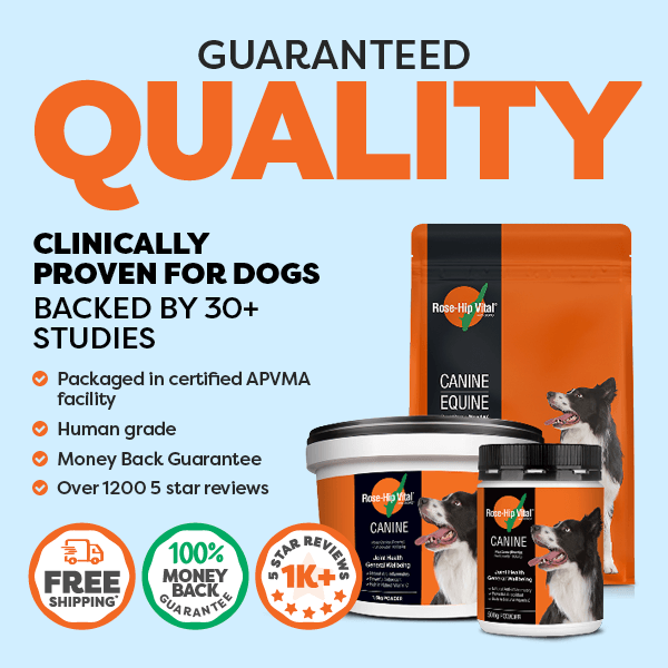 Rose-Hip Vital pet supplement products with promotional text on a light blue background