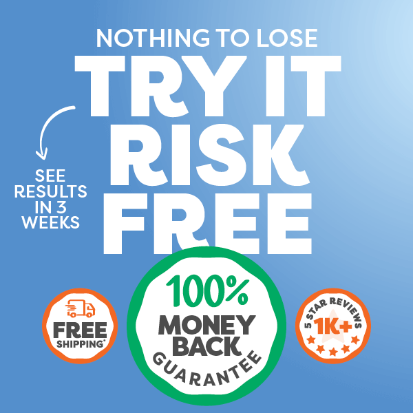 Promotional graphic with text and icons on a blue background, encouraging risk-free trial and money-back guarantee.