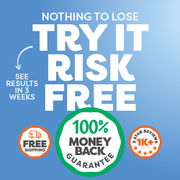 Promotional graphic with text and icons on a blue background, encouraging risk-free trial and money-back guarantee.