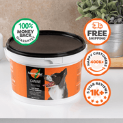 Rose-Hip Vital Canine dog supplement container with promotional graphics on a neutral background