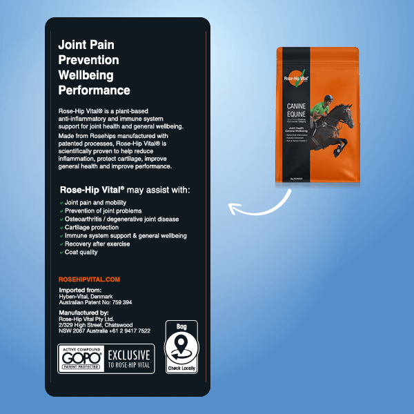 Rose-Hip Vital supplement packaging with text on a blue background