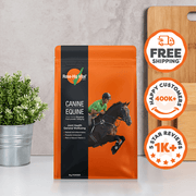 Orange package of 'Rose-Hip Vital' for canine and equine on a light surface with decorative elements.