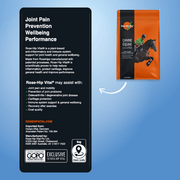 Rose-Hip Vital supplement package for horses with text on joint pain prevention, wellbeing, and performance.