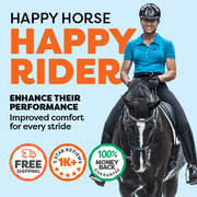 Person riding a horse with 'Happy Horse Happy Rider' branding and promotional text on a light blue background.