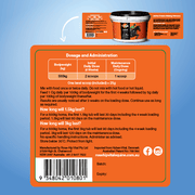 Back label of Rose-Hip Vital container with dosage information on an orange background