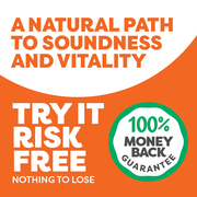 Promotional graphic with text about a natural path to soundness and vitality, risk-free offer, and money-back guarantee on an orange background.