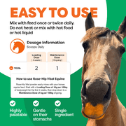 Horse with dosage information for Rose-Hip Vital Equine supplement on a green and white background