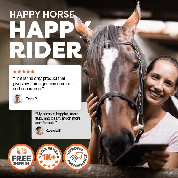 Woman with a horse and promotional text for 'Happy Horse Happy Rider' product Rose-Hip Vital Equine