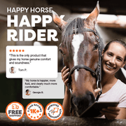 Woman with a horse and promotional text for 'Happy Horse Happy Rider' product Rose-Hip Vital Equine