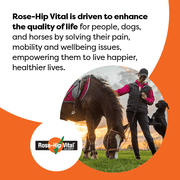 Person with a horse and dog in a field, Rose-Hip Vital brand logo.