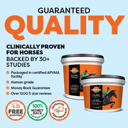 Two containers of Rose-Hip Vital Equine supplement with promotional text on a light blue background