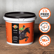 Bucket of Rose Hip Vital Equine supplement with promotional icons on a wooden surface