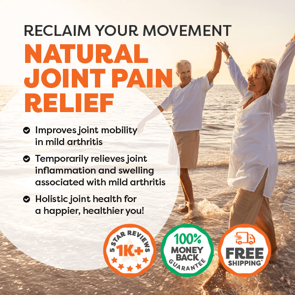 Advertisement for natural joint pain relief Rose-Hip Vital with a couple on a beach and product features listed.