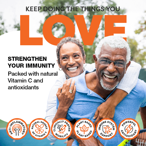 Couple enjoying a piggyback ride with promotional text about strengthening immunity and health benefits.