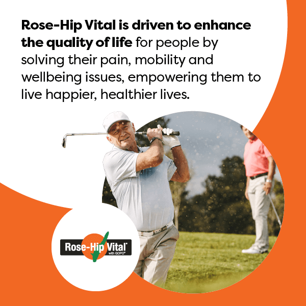 Advertisement for Rose-Hip Vital with a man playing golf and text about enhancing quality of life.