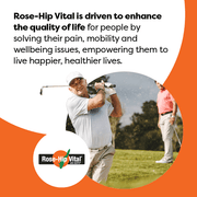 Advertisement for Rose-Hip Vital with a man playing golf and text about enhancing quality of life.