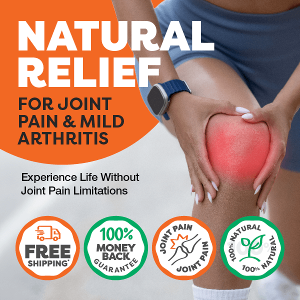 Advertisement for natural relief for joint pain and mild arthritis with a person holding their knee Rose-Hip Vital