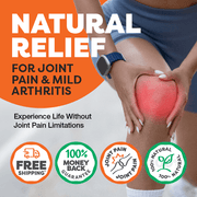 Advertisement for natural relief for joint pain and mild arthritis with a person holding their knee Rose-Hip Vital