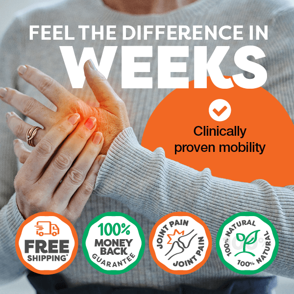 Promotional image for Rose-Hip Vital joint pain relief product with text and icons on a blurred background.