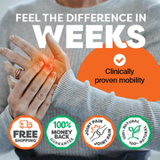 Promotional image for Rose-Hip Vital joint pain relief product with text and icons on a blurred background.