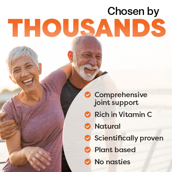 Two people embracing with text about Rose-Hip Vital benefits on a white background