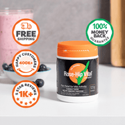 Rose-Hip Vital supplement container with promotional icons on a light background