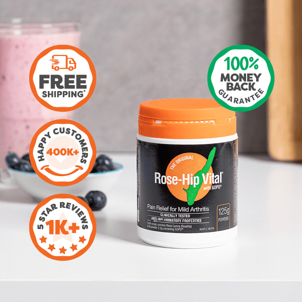 Rose-Hip Vital supplement container with promotional icons on a light background