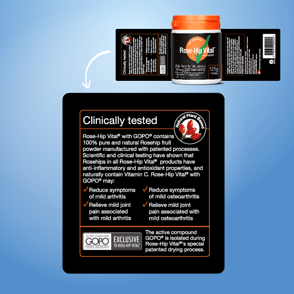 Rose-Hip Vital supplement container with label on a blue background