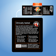 Rose-Hip Vital supplement container with label on a blue background