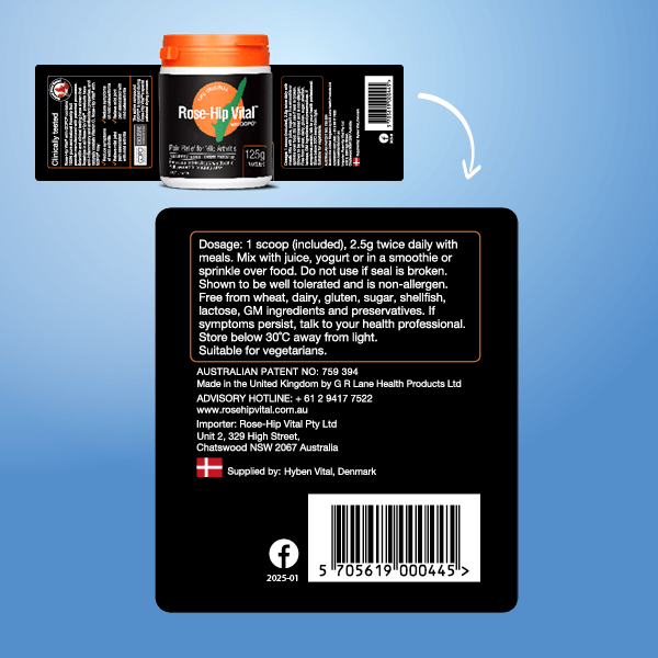 Back label of a supplement Rose-Hip Vital container with text and branding on a blue background