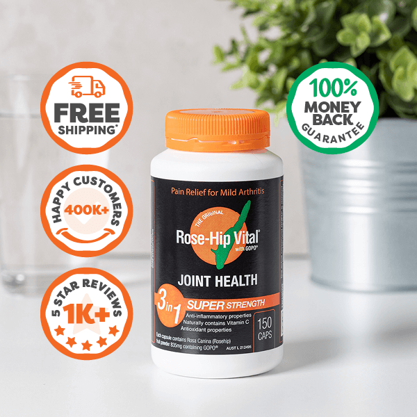 Rose-Hip Vital joint health supplement bottle with promotional badges on a light background