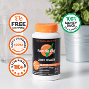 Rose-Hip Vital joint health supplement bottle with promotional badges on a light background