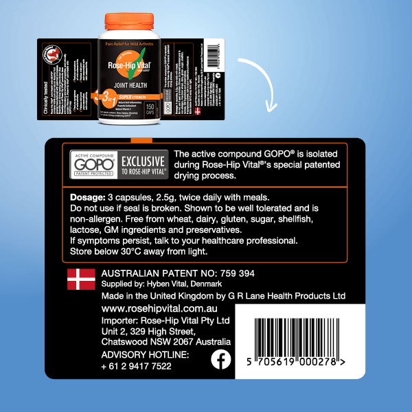 Back label of Rose-Hip Vital supplement container with product details on a blue background