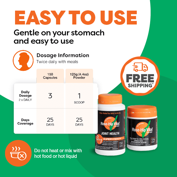 Rose-Hip Vital supplement packaging with dosage information and free shipping offer on a green background